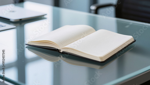 Open notebook on desk in various interiors, suitable for banners, articles, advertising, web design, business, education, planning and productivity concepts
