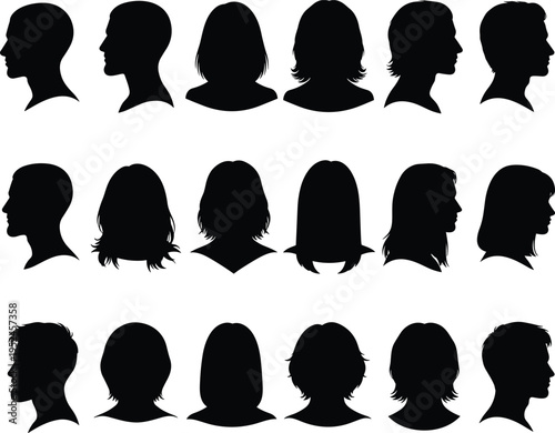 Collection of male and female head profile silhouettes with various hairstyles, front and side view avatars isolated on white background for design