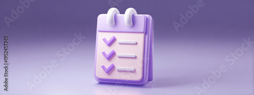 calendar icon with checklist and purple check mark on soft background. Concept of task completion, planning and productivity. banner 