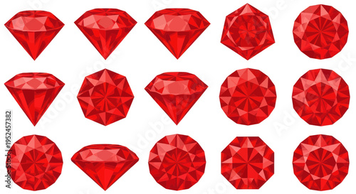 Collection of sparkling red gemstones, ruby cuts, isolated on white background