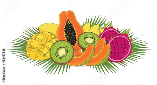 Exotic Tropical Fruits Assortment: Mango, Papaya, Kiwi, Dragon Fruit, Melon