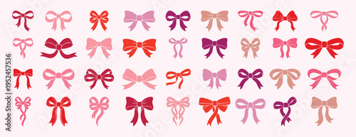 Vintage style playful bow designs. Handcrafted red pink bows for decoration and crafts. Vintage sticker sheet featuring cheerful red and pink bow illustrations perfect for arts and crafts