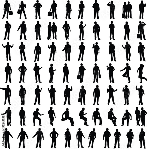 Large collection of human silhouettes in various poses, standing, walking and sitting figures isolated on white background for business, social and design projects