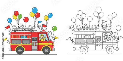 Fire Truck Parade with Colorful Balloons and Waving Firefighters - Colored and Line Art Versions for Kids Education and Coloring Activities