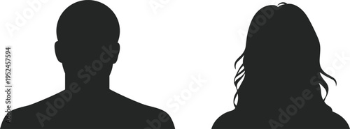 Male and female head silhouette avatars in front view, anonymous user profile icons isolated on white background for social media and design