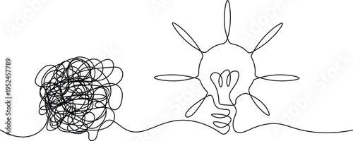 Continuous One Line Drawing From Chaos to Idea Light Bulb Concept Problem Solving Creativity Vector Illustration