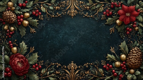 Classic Christmas greeting card featuring a central arrangement of a red poinsettia, green holly leaves, red berries, and a pine cone, set against a textured cream background with an ornate gold-dot 