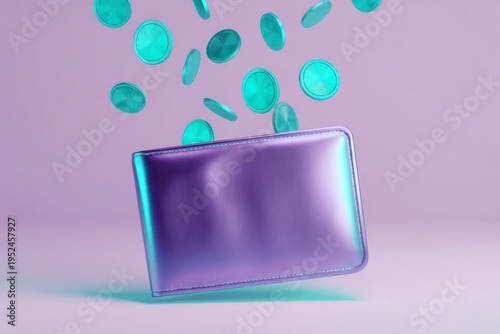 Digital wallet with floating coins in soft pastel colors, symbolizing savings, income, cash flow, online finance, and modern digital money concept.