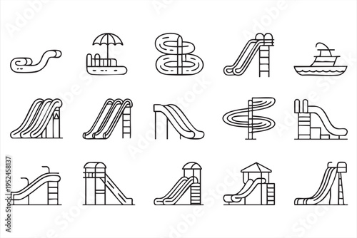 Vector outline water park symbols set including slides ladders and poolside elements for UI design