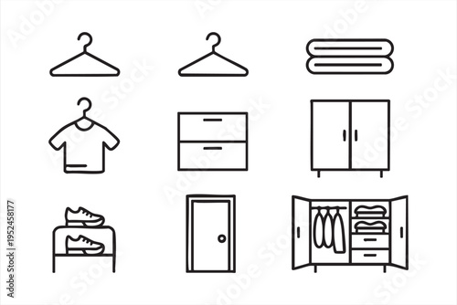 Minimal outline wardrobe icons collection featuring clothing storage cabinets and interior furniture symbols