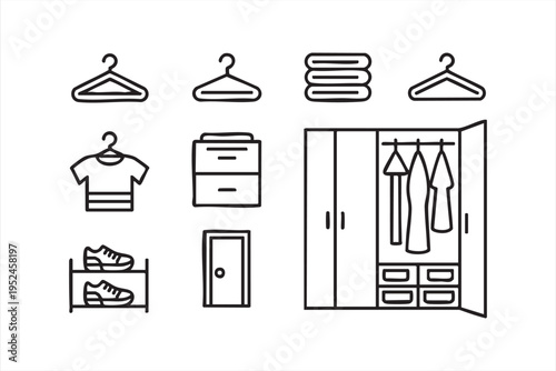 Home storage and closet icon pack with hangers dresser shelves and organization elements in line style