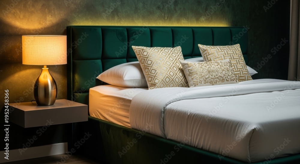 Obraz premium Luxurious Deep Green Upholstered Platform Bed with Quilted Headboard and Decorative Pillows in a Sophisticated Bedroom Interior