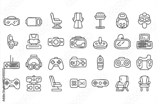 Outline vector gaming icons set featuring VR headset gamepad joystick and console technology