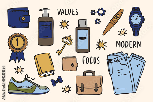 Classic icon set with cigar watch jeans briefcase wallet notebook medal sneaker skincare key words focus modern gears stars bow tie