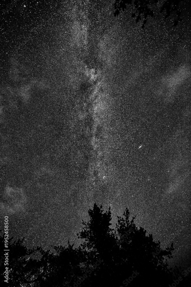 Fototapeta premium Night sky, nature and stars in universe, milky way and wallpaper with texture, galaxy and cosmic energy. Empty, outer space and astronomy with dark matter, science or astrology with constellation