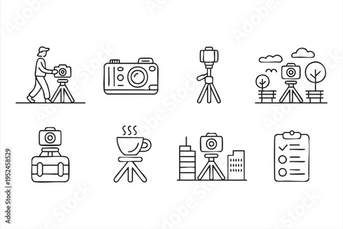 Camera and media production outline icon set for social media marketing and blogging graphics