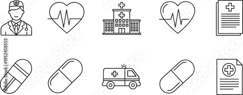 Collection of essential line icons representing various aspects of medical care services and healthcare professionals.