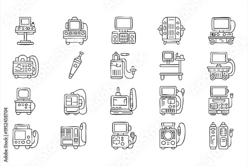 Medical equipment and hospital device icon set with ventilator monitor and healthcare machines