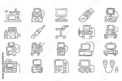 Hospital equipment icon pack featuring diagnostic machines ventilators and medical devices
