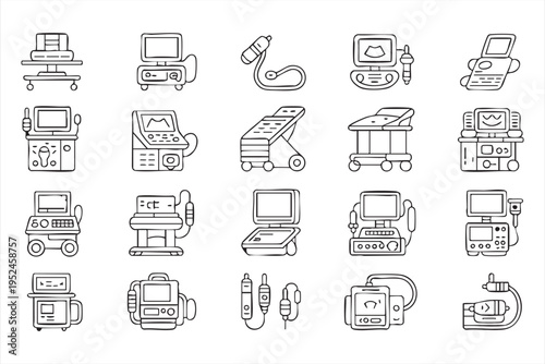 Medical device outline icon set for healthcare services clinics and modern hospital technology