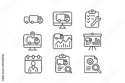 Logistics and delivery icon set with truck tracking shipment and supply chain management symbols