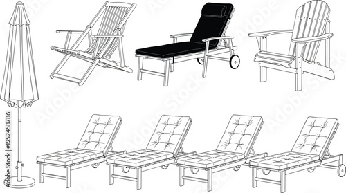 Outdoor furniture collection, lounge chairs deck chairs and patio umbrella, garden seating design, relaxation equipment, isolated line art illustration set