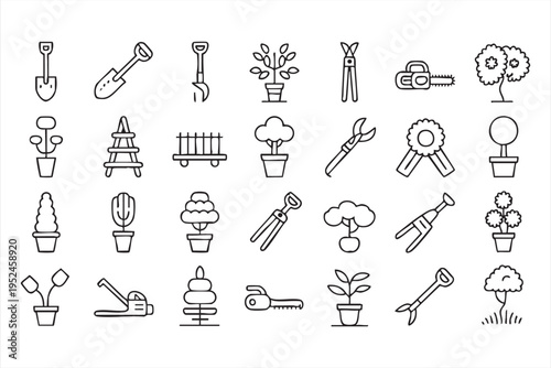 Gardening equipment and plant icon pack with shears chainsaw and potted greenery symbols