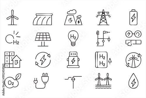 Renewable energy icon set with solar panels wind turbines hydrogen and battery storage systems