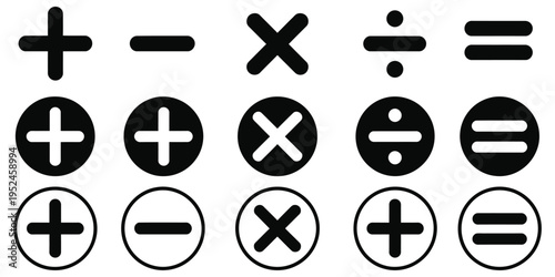 Math symbols icon set, basic mathematical symbols including plus and minus icon set, multiply icon collection, simple flat education and calculation symbols isolated on white background.
