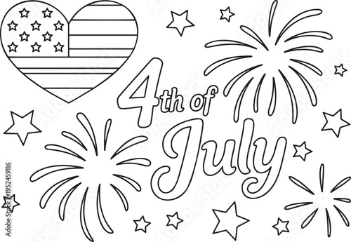 Outlined heart shaped American flag and fireworks celebrating the United States Independence Day