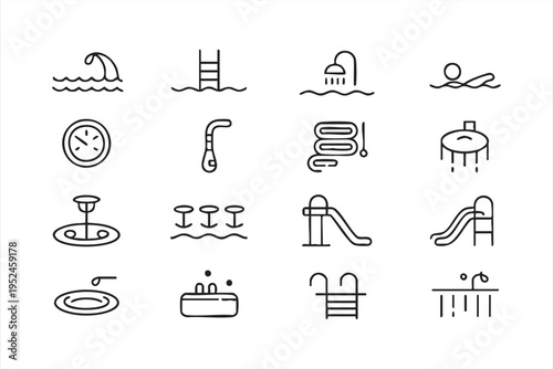 Swimming pool equipment icon pack with ladder shower slides and water activity elements