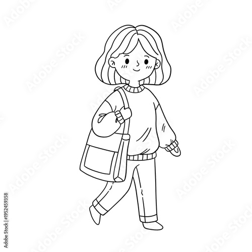 A little girl with a backpack carries her bag outdoors while smiling for the camera