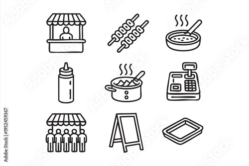Market stall and street food icons collection for urban festival catering and food service design