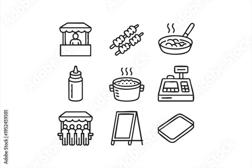 Food vendor and street market icon pack with cooking tools cash register and service elements