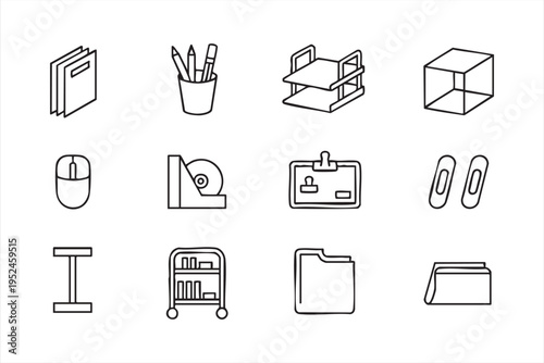 Corporate office supply icon collection with filing storage and productivity tools in outline style