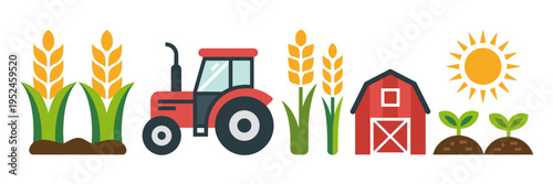 Countryside spring planting icons - Suitable for sustainability reports, agricultural news, or nature media.