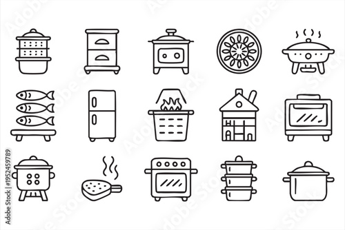 Kitchen cooking appliance icon set with stove oven pot and home food preparation equipment