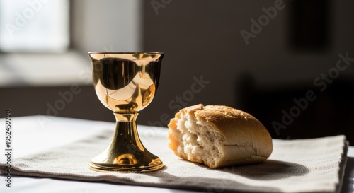 Golden chalice with bread on table. Catholic communion elements for holy mass. Religious ceremony and traditional rite. Symbol of christian eucharist and faith of jesus christ worship.