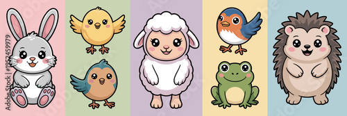 Kawaii spring animals with rosy cheeks and soft colors - Great for gift wrap patterns, toy packaging, or educational games.