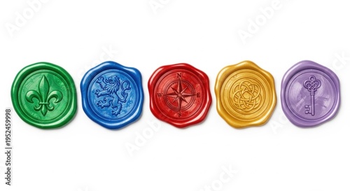 Set of five colorful wax seals with diverse embossed symbols isolated on white background. Decorative vintage stamp collection for envelope closure, historical document and wedding card.