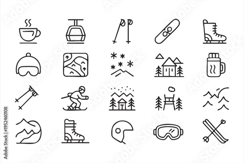 Winter sports and ski resort icon set with skiing equipment snowboarding and mountain activities