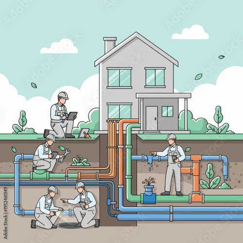 Plumbers working on underground pipe system outside a house.