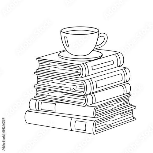A cozy stack of old literature books and a white coffee cup rest together in a library setting, symbolizing education, wisdom, and the quiet joy of learning through reading