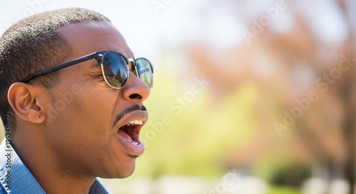 African american man with sunglasses sneezing outdoors