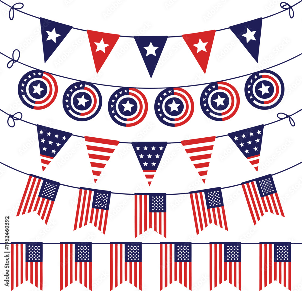 Obraz premium Multiple rows of festive American flag themed bunting and decorative pennant banners