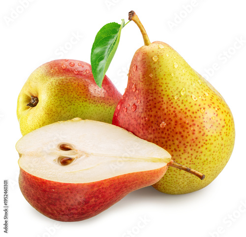 Fotografija Ripe yellow pear with red side and pear half on white background