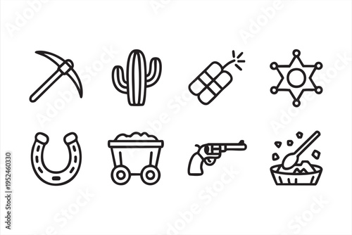 Gold mining and wild west icon pack with pickaxe dynamite wagon and desert symbols