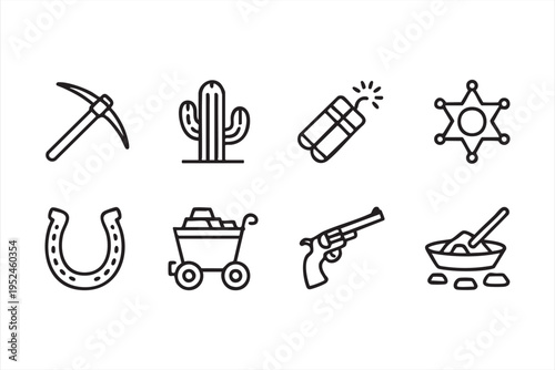 Western mining and cowboy icon collection with desert elements and vintage symbols
