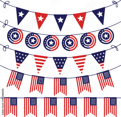 Multiple rows of festive American flag themed bunting and decorative pennant banners