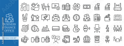 Business, Finance, and Office Outline Icon Set , Corporate, Accounting, Banking, Office Management, and Startup Essentials Vector Pack